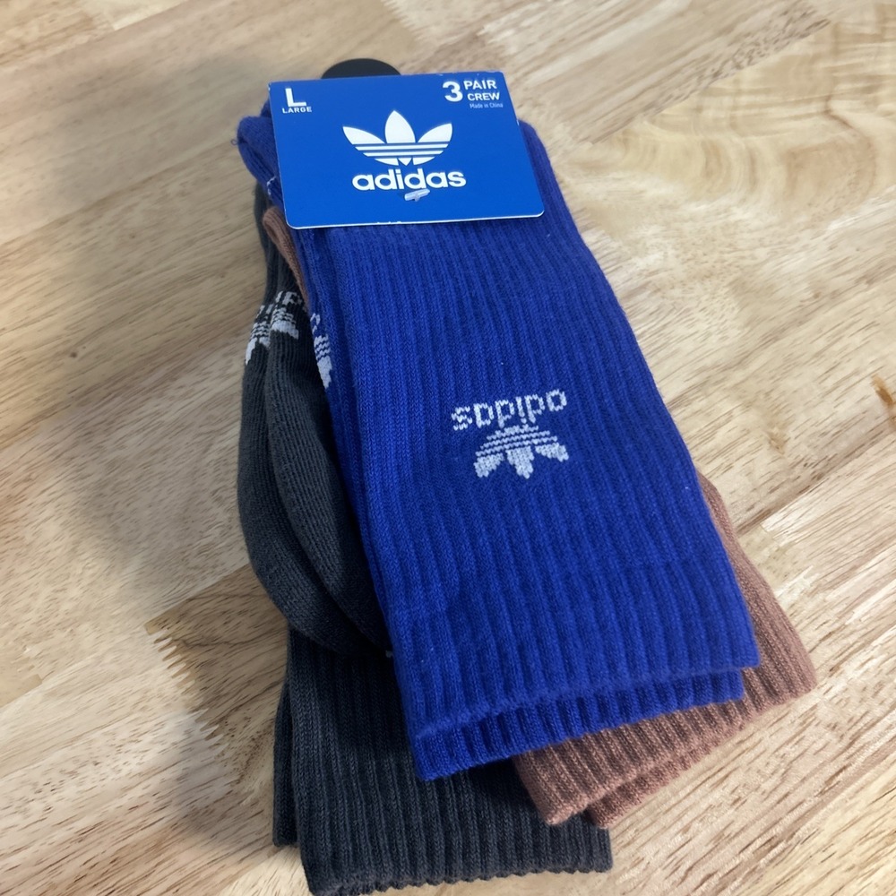 Adidas Originals Trefoil Crew Socks Mens Large 3 Pairs Blue Brown Grey GB3945C